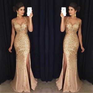 Beaded Gold Prom dress W/ Slit